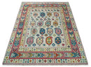 Wool Area Rug Hand-Knotted Persian Boteh Ivory Teal Gold Maroon by The Rug Decor