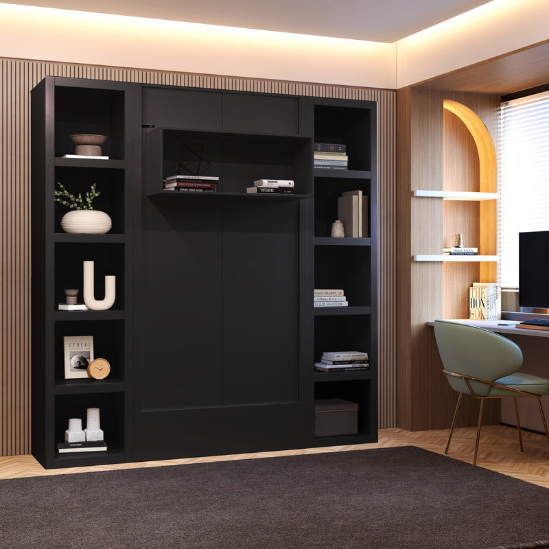 Easy-Lift Twin Murphy Wall Bed in Black with Two Bookshelves