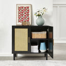Side Panel Buffet Cabinet With Natural Rattan Door, Rattan Storage Cabinet With Adjustable Shelves, Side Panel And Buffet With Storage Space, Modern Console Cabinet In Bedroom And Living Room - Black / Beige by HouseOfZazla