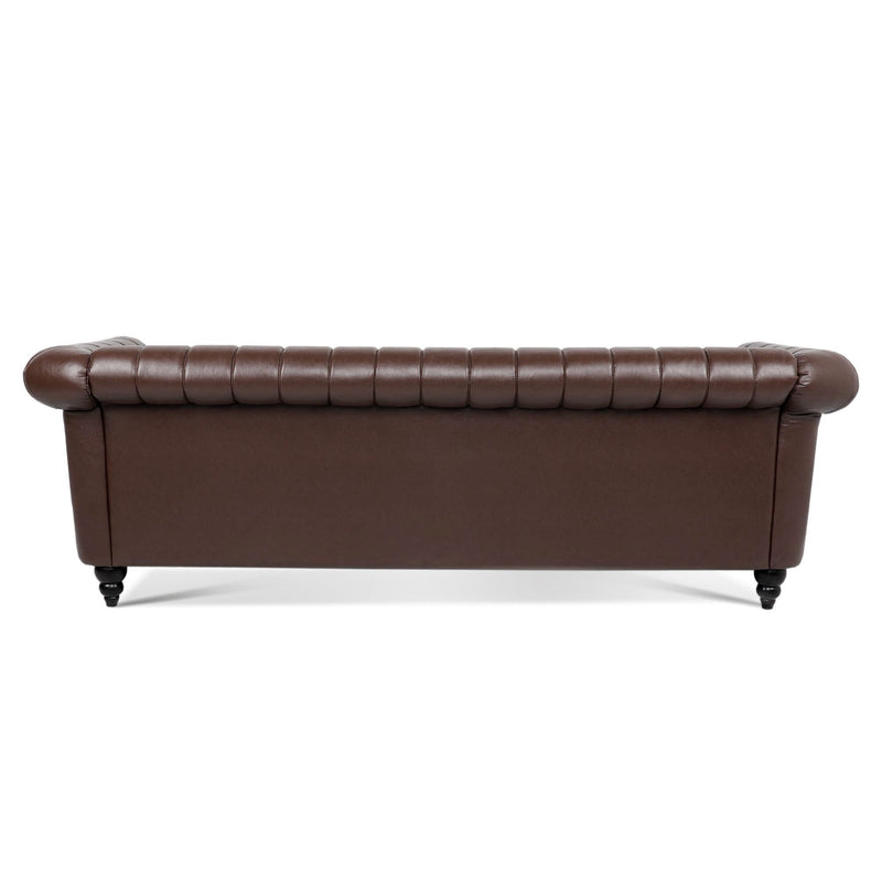 83.46" Brown PU Rolled Arm Chesterfield Three Seater Sofa.