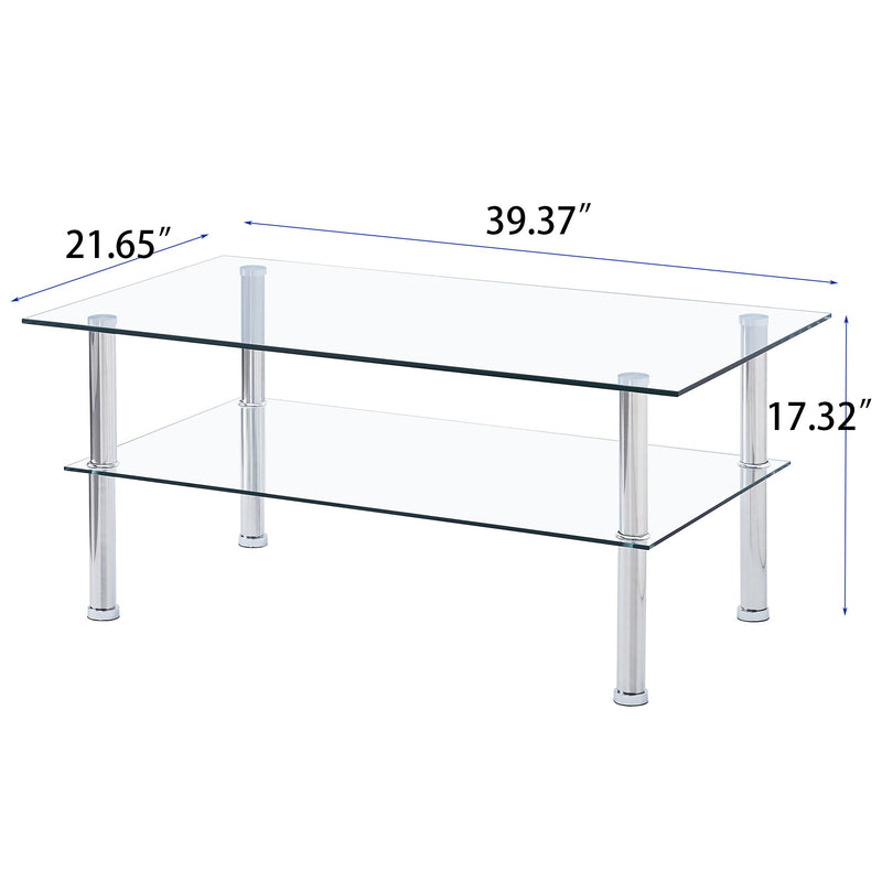 2-Layer Space Coffee Table, Modern Sofa table with Storage Shelve for Living Room Silver