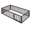 Twin Size Floor Bed Frame With Fence And Door - Walnut by HouseOfZazla