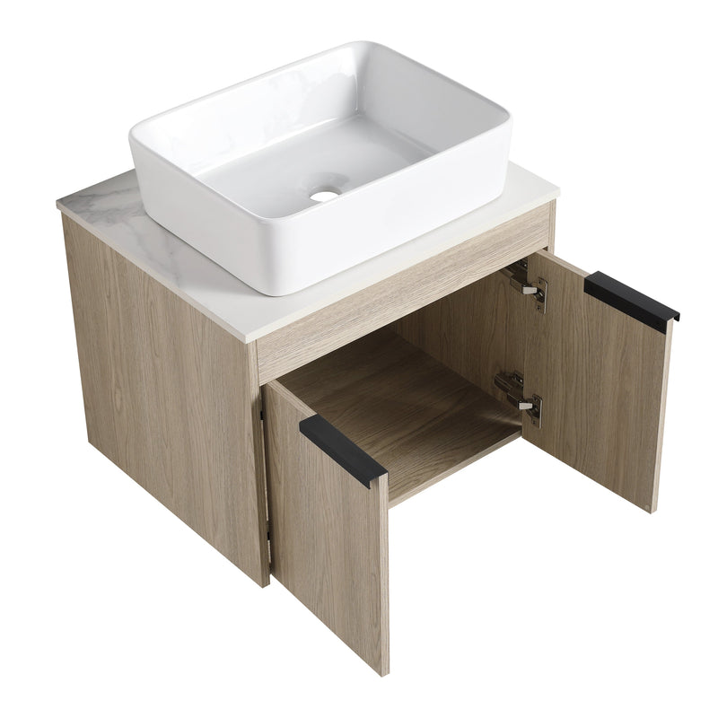 24" Modern Design Float Bathroom Vanity With Ceramic Basin Set, Wall Mounted White Oak Vanity With Soft Close Door, KD-PackingD-Packing Pieces