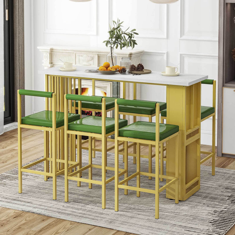 7-Piece Multi-Functional Modern Counter Height Dining Bar Table Set with Open Shelves and 6 Upholstered Stools for Dining Room, Bar and Cafe (White and Green)