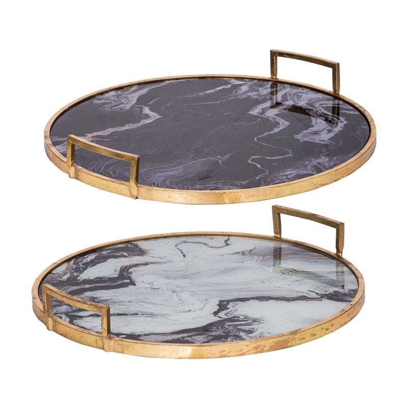 S/2 Round Decorative Tray with Abstract Marbled Design, photo 2 of 10