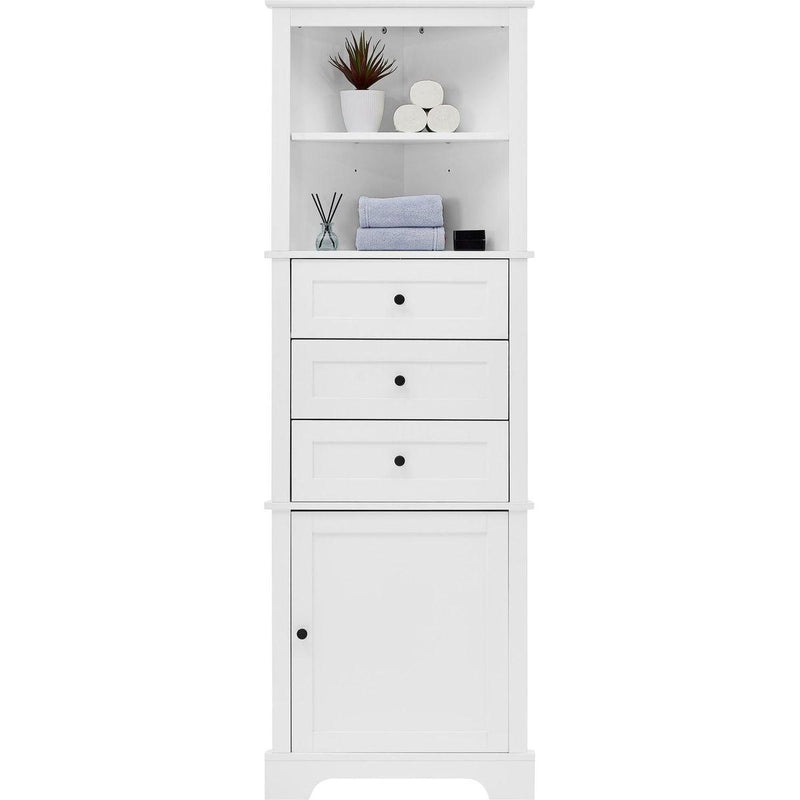 White Triangle Tall Cabinet with 3 Drawers and Adjustable Shelves for Bathroom, Kitchen or Living Room, MDF Board with Painted Finish