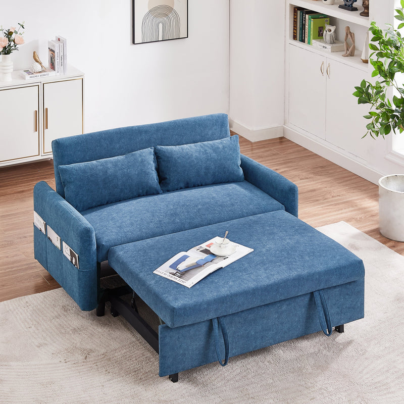 55.1" Pull Out Sleep Sofa Bed Loveseats Sofa Couch with Adjustable Backrest, Storage Pockets, 2 Soft Pillows, USB Ports for Living Room, Bedroom, Apartment, Office, Blue