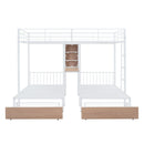 Triple Bunk Bed With Drawers, Multi-Functional Frame With Desks And Shelves In The Middle