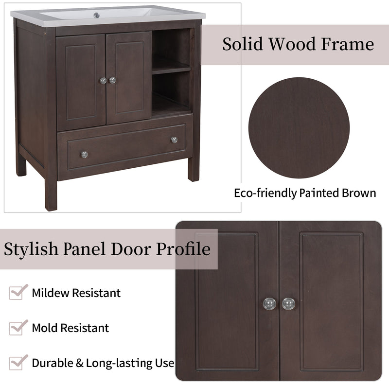 30" Bathroom Vanity Base Only, Solid Wood Frame, Bathroom Storage Cabinet with Doors and Drawers, Brown