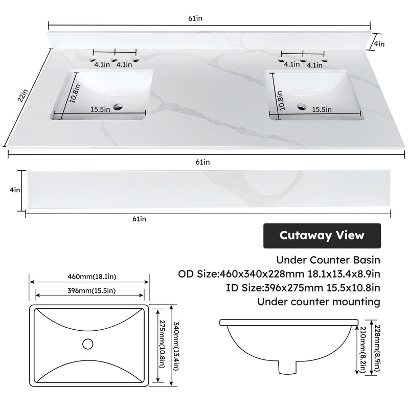61-Inch Quartz Double Bathroom Vanity Top, photo 4 of 10