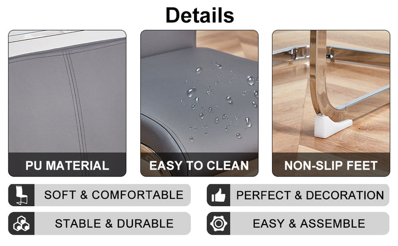 A simple dining table. A dining table with a white marble pattern. 6 PU synthetic leather high backrest cushioned side chairs with C-shaped silver metal legs. DT-SQ-16090-wh