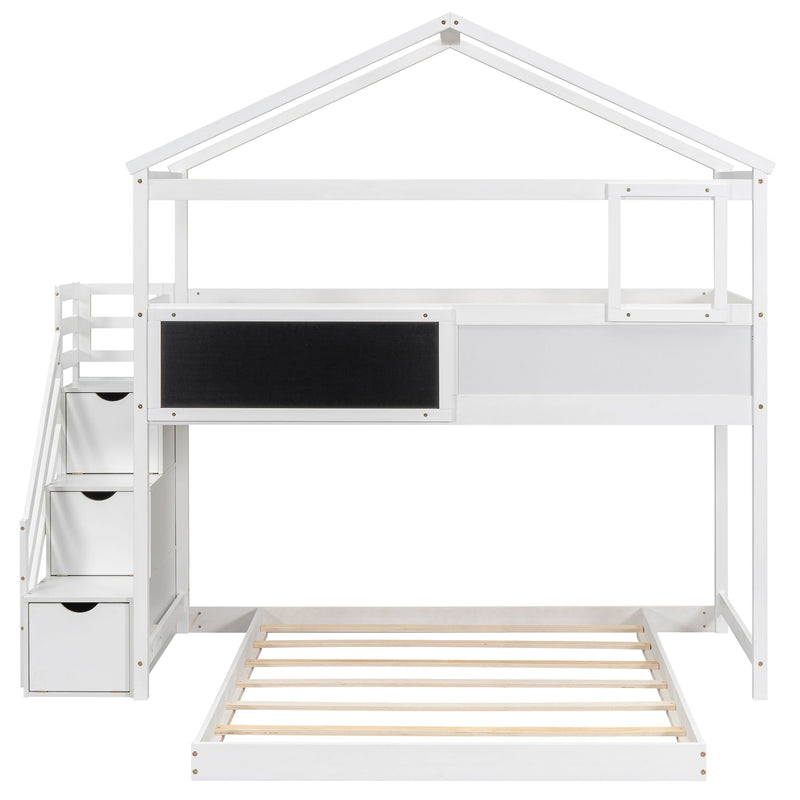 Walker Edison | Twin over Full House Bunk Bed with Storage Staircase and Blackboard, White