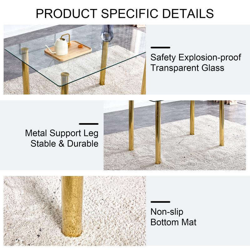 A modern minimalist style glass dining table. Transparent tempered glass tabletop with a thickness of 0.3 feet and golden metal legs. Suitable for restaurants and living rooms. 51"x31.4"x29.5"