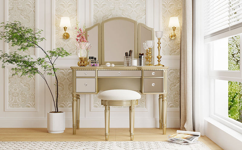 43" Dressing Table Set with Mirrored Drawers and Stool, Tri-fold Mirror, Makeup Vanity Set for Bedroom, Gold