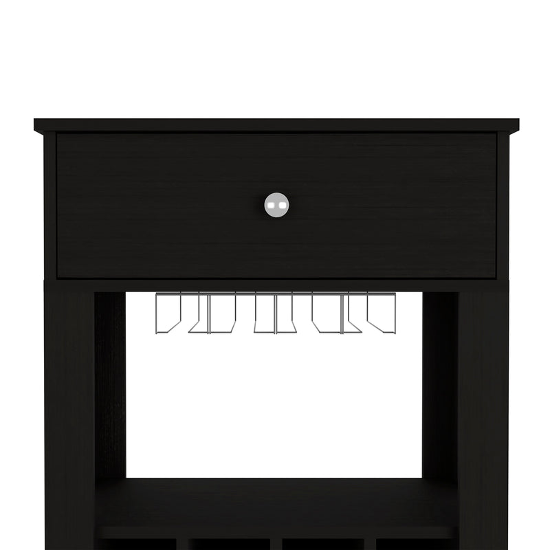 39" H black bar- coffee cart, Kitchen or living room cabinet storage, with 12 bottle racks, a central shelf with 1 Cup holders, 1 drawer ideal for storing small things