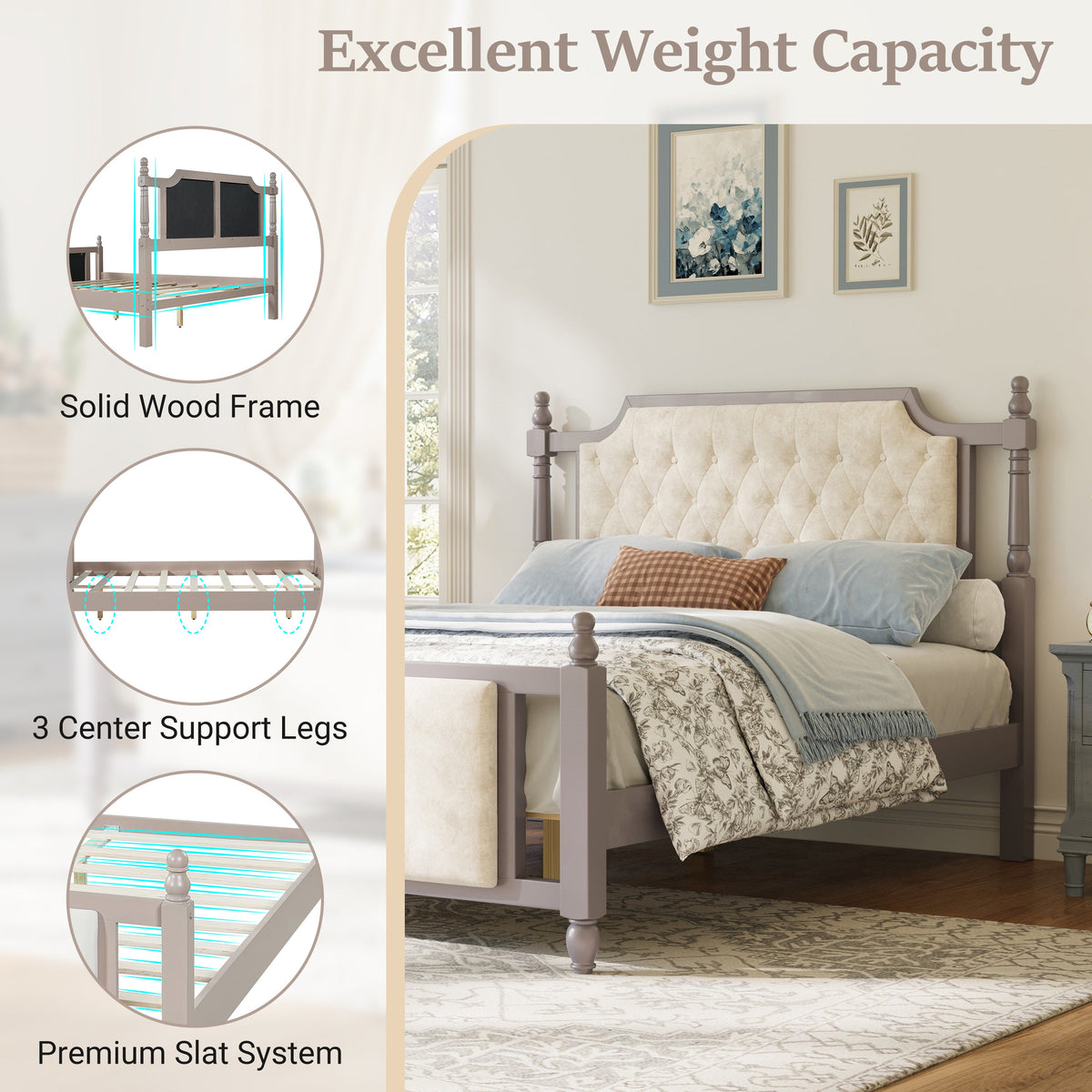 Queen Size Upholstered Platform Bed with Button Tufted Headboard, photo 9 of 10
