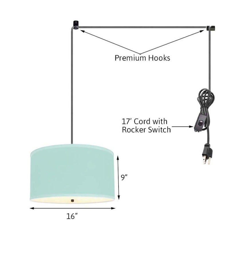 2 Light Swag Plug-In Pendant 16"w Island Paradise Aqua Linen Drum with Diffuser, Black Cord