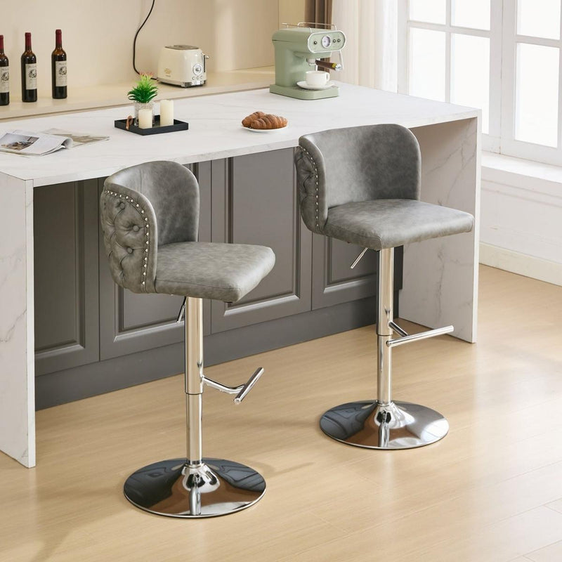 Swivel Barstools Adjusatble Seat Height With Chrome Base, Modern PU Upholstered Bar Stools with the whole Back Tufted, for Home Pub and Kitchen Island,Gray, Set of 2