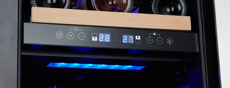 15 Inch Wine Cooler Refrigerators 28 Bottle Fast Cooling Low Noise Wine Fridge with Professional Compressor Stainless Steel, Digital Temperature Control Screen Built-in or Freestanding