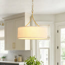 3-Light Gold Fabric Drum Pendant Light