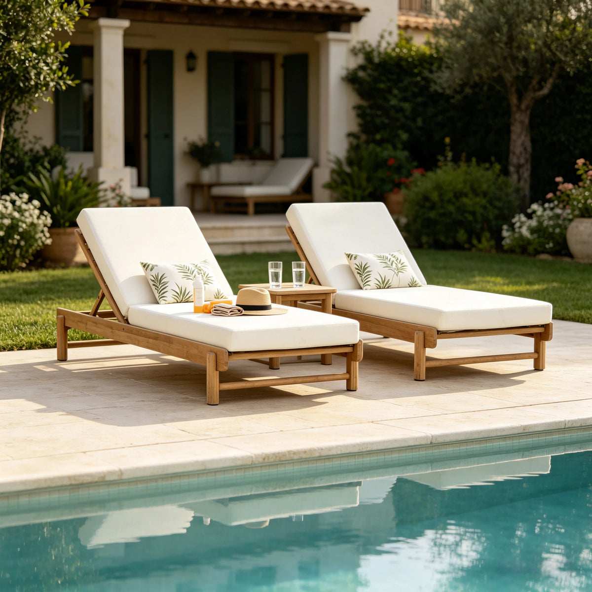 Light Teak Acacia Wood Chaise Lounge Set: 1 Frame + 1 Cushion, photo 6 of 10
