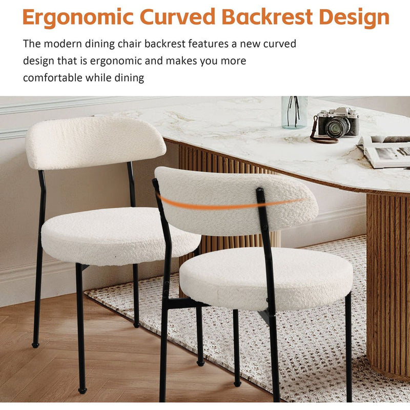 Boucle Upholstered Dining Chairs with Curved Backrest & Metal Legs Set of 2, Beige