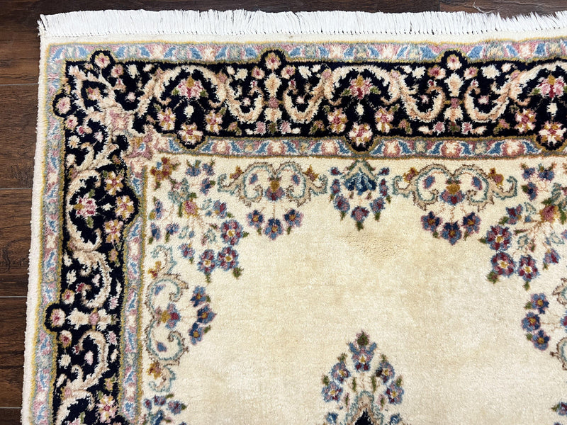Persian Kirman Rug 4x7, Wool Hand Knotted Antique Carpet, Beige, Semi Open Field Medallion Rug, Traditional Handmade Oriental Rug
