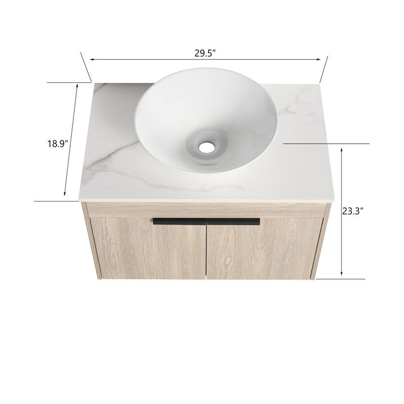 30" Modern Design Float Bathroom Vanity With Ceramic Basin Set, Wall Mounted White Oak Vanity With Soft Close Door, KD-PackingD-Packing Pieces