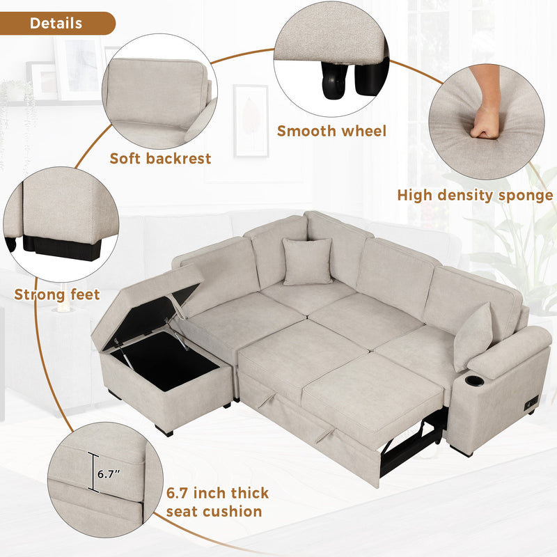 87.4" Sleeper Sofa Bed, 2 in 1 Pull Out sofa bed L Shape Couch with Storage Ottoman for Living Room, Bedroom Couch and Small Apartment, Beige