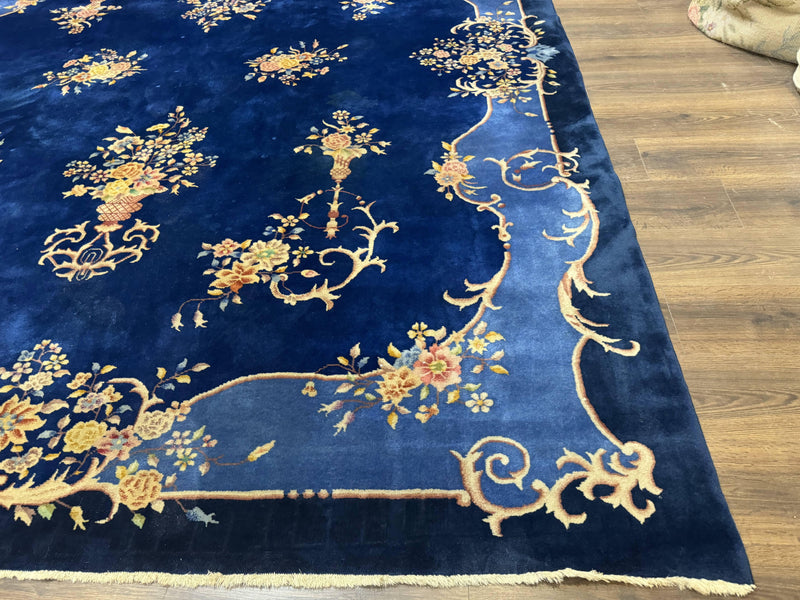 Blue Chinese Art Deco Rug 9x12, Vintage Antique Chinese Wool Rug, Chinese Fette Rug