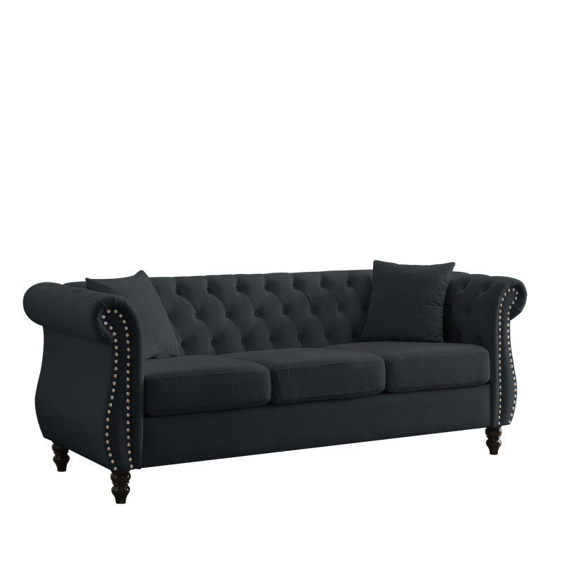 80" Chesterfield Sofa Black Velvet for Living Room, 3 Seater Sofa Tufted Couch with Rolled Arms and Nailhead for Living Room, Bedroom, Office, Apartment, 3S With 3S