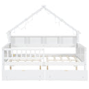 House Style Platform Bed With LED Lights, Storage Shelves, Drawers, And Guardrail