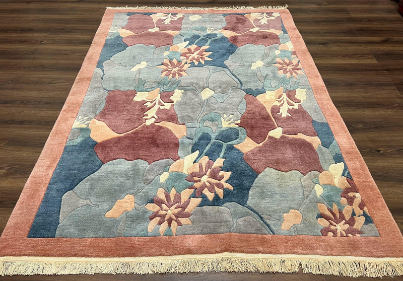 Modern Tibetan Rug 5.7 x 7.9, Abstract Multicolor Flower Pattern, Navy Blue Maroon Salmon, Soft Wool, Hand Knotted Contemporary Carpet 6x8