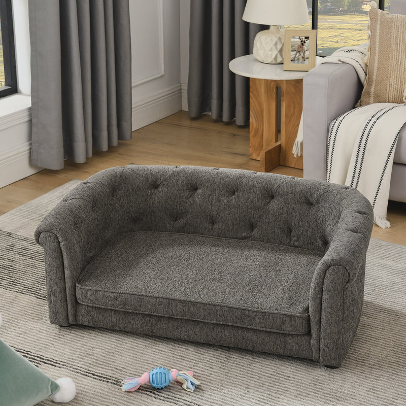 Contemporary Dark Grey Pet Sofa with Arc-Shaped Backrest and Armrests, Breathable Linen and Cozy Soft Cushion for Dogs