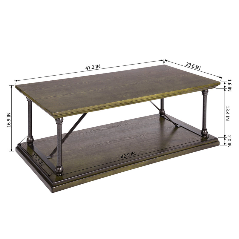 47.2" X 23.6"D X 16.9" H Country Style Coffee Table with Bottom Shelf - BROWN & BLACK
