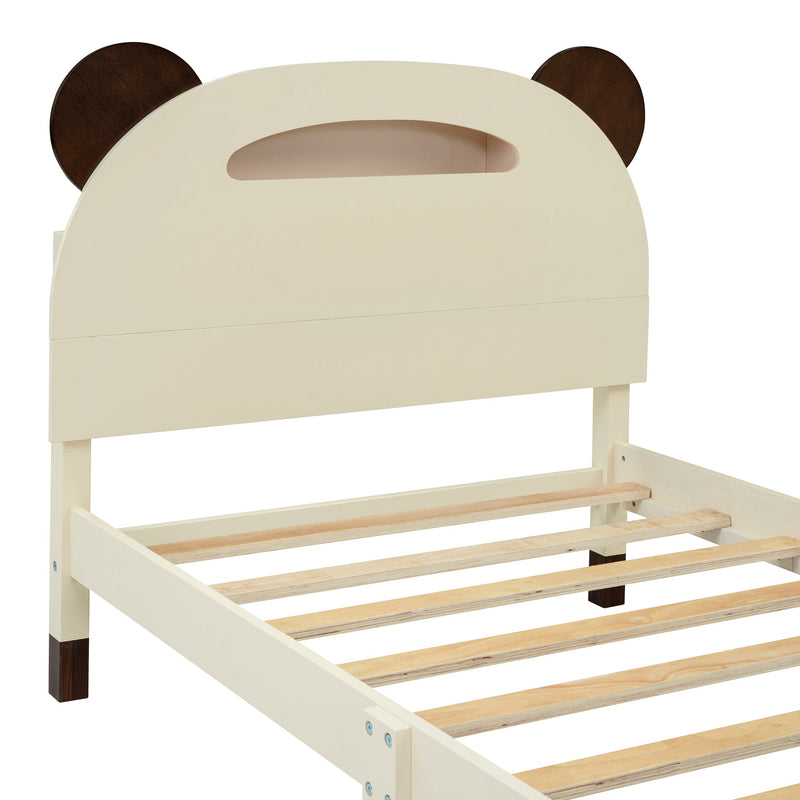 3-Pieces Bedroom Sets Twin Size Bear-Shape Platform Bed with Nightstand and Storage dresser,Cream+Walnut