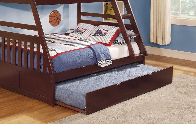 1pc Twin/Full Bunk Bed with Twin Trundle Dark Cherry Finish Wooden Bedroom Furniture