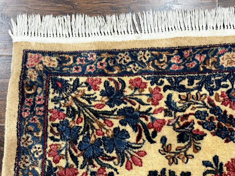 Square Persian Kerman Rug 4x4, Ivory Blue Pink, Handmade, Fine 225 KPSI