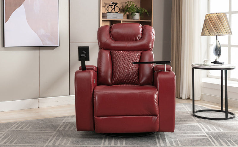 270 Degree Swivel PU Leather Power Recliner Individual Seat Home Theater Recliner with Comforable Backrest, Tray Table, Phone Holder, Cup Holder, USB Port, Hidden Arm Storage for Living Room, Red