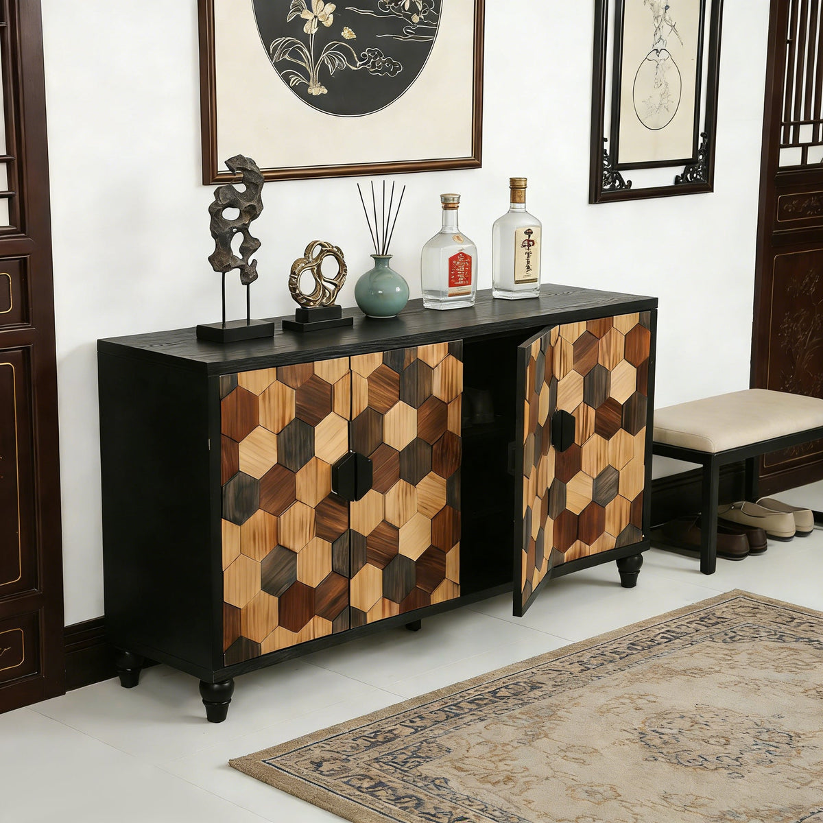 Distressed Storage Cabinet with Honeycomb Pattern, photo 9 of 10