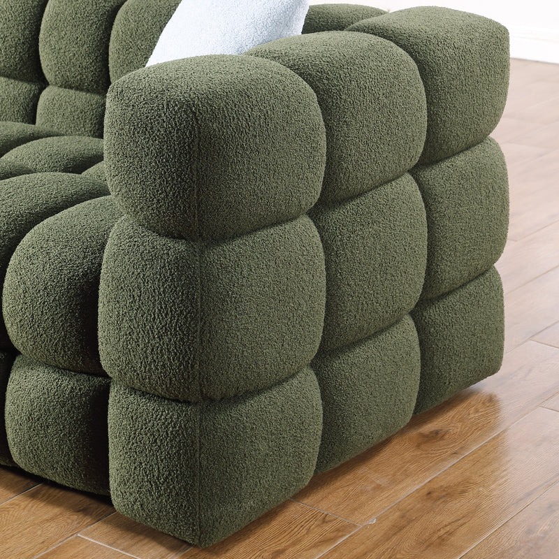 84.3/62.2 length, 35.83" deepth, human body structure for USA people, marshmallow sofa,boucle sofa, olive green color,3 seater. sofa and loveseater