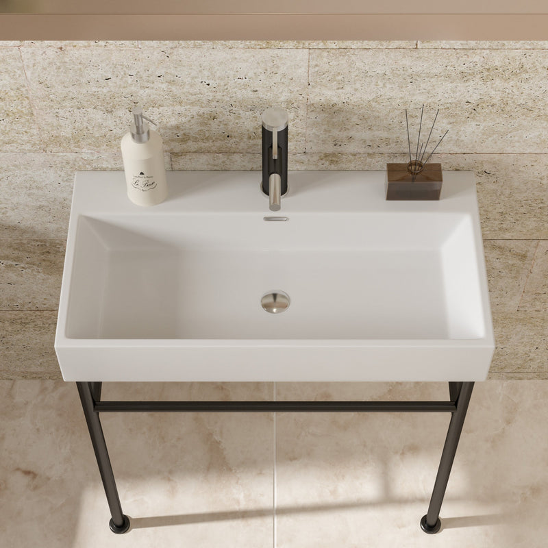 30" Bathroom Console Sink with Overflow, Ceramic Console Sink White Basin Black Legs