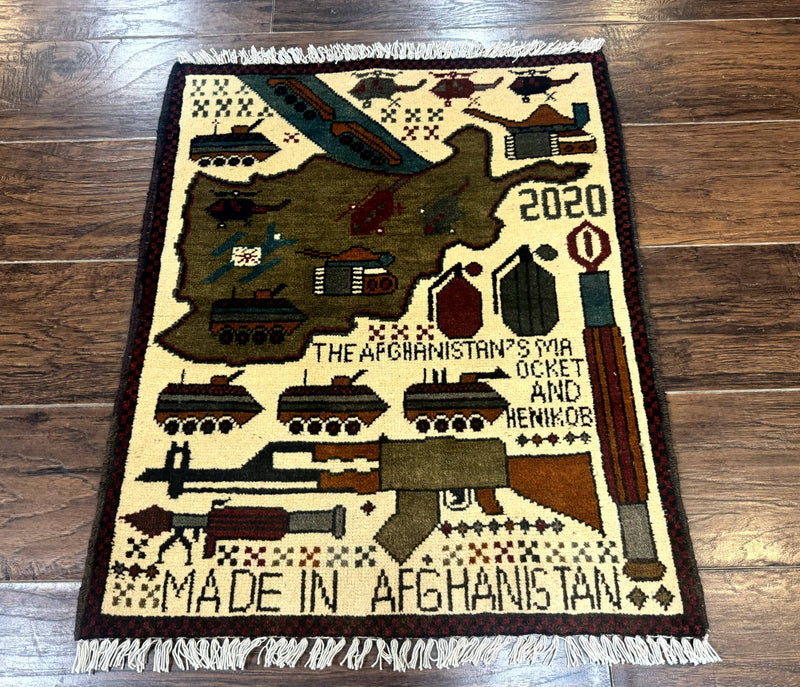 Afghan War Rug, Helicopters Tanks Guns, Handmade, Wool, 2x3