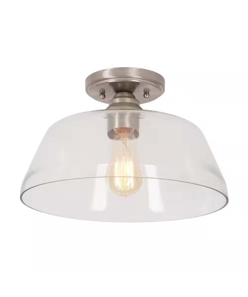 Catalina 13"W 1-Light Semi Flush Mount Vintage Light Fixture Brushed Nickel Finish with Glass Shade