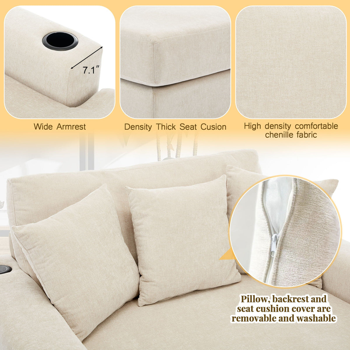 Oversized Chaise Lounger Modern Style Sofa Couch With Pillows, Charge Station & Cup Holders, photo 21 of 23