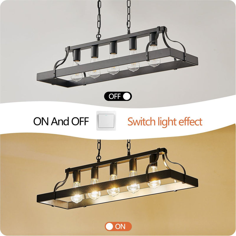 34-Inch Black Industrial Pendant Light with 5 E26 Bulb Sockets, Adjustable Chain Height – Modern Farmhouse Linear Chandelier for Dining Room, Kitchen Island, or Living Room (Bulb Not Included)