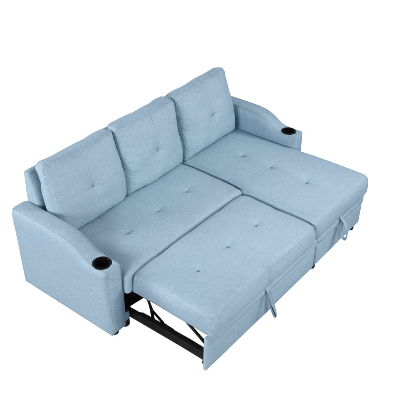 80.3" Pull Out Sofa Bed Modern Padded Upholstered Sofa Bed, Linen Fabric 3 Seater Couch with Storage Chaise and Cup Holder, Small Couch for Small Spaces