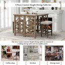 3-Piece Retro Dining Set Solid Wood Counter Height Pub Set Foldable Table with 2 Saddle Stools for Kitchen, Small Space (Distressed Brown)