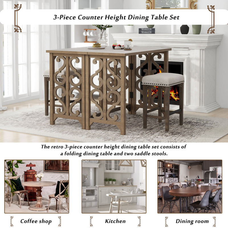 3-Piece Retro Dining Set Solid Wood Counter Height Pub Set Foldable Table with 2 Saddle Stools for Kitchen, Small Space (Distressed Brown)