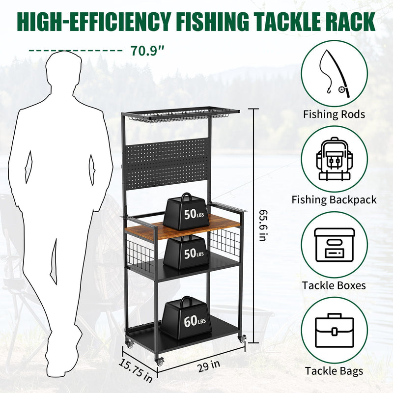 Fishing Rod Storage Rack With Pegboard, Rolling Tackle Organizer Cart - Black, photo 13 of 13